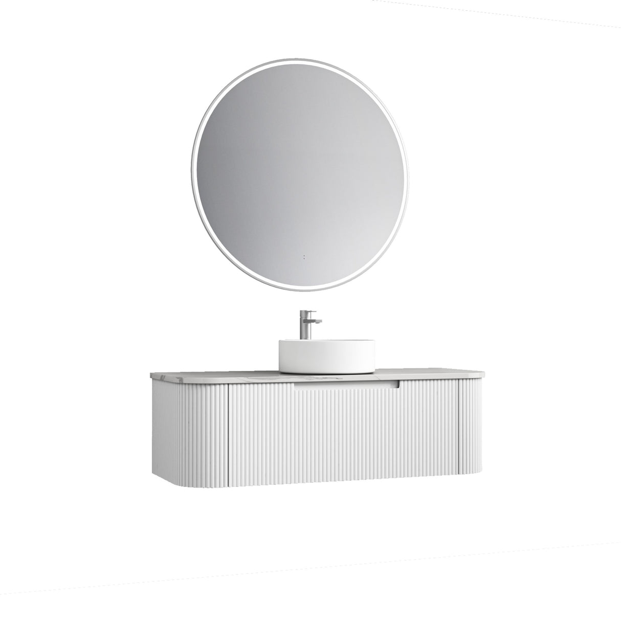Bathroom vanity with round mirror and sink on a white background