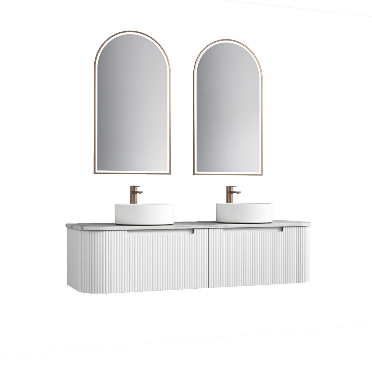 Bathroom vanity with two mirrors and two sinks on a white background