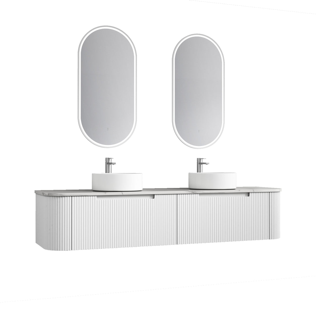 Bathroom vanity with two sinks and mirrors on a white background