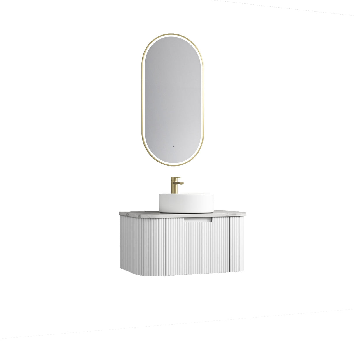 Bathroom vanity with white countertop, round mirror, and gold faucet on a white background