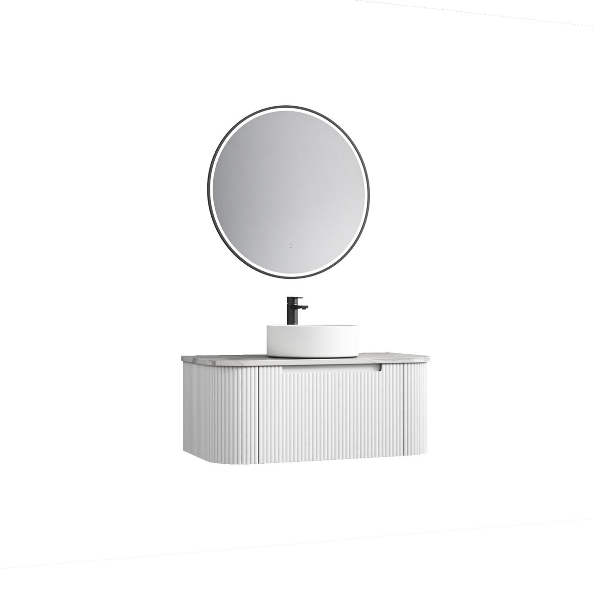 Bathroom vanity with round mirror and sink on a white background