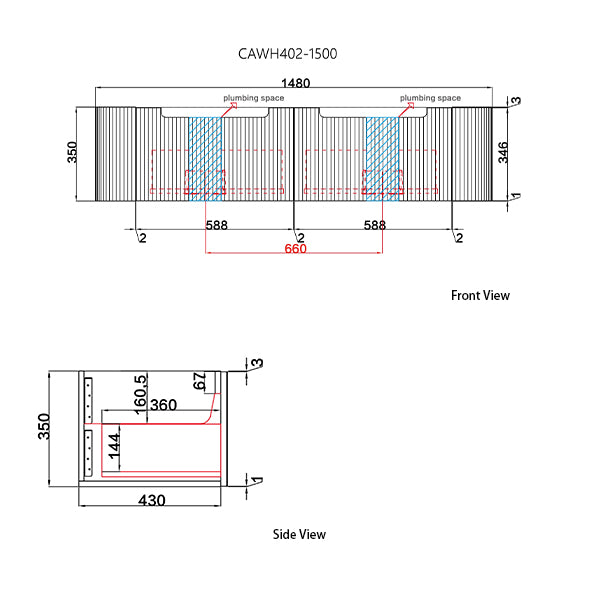 Technical drawing of a rectangular object with dimensions labeled