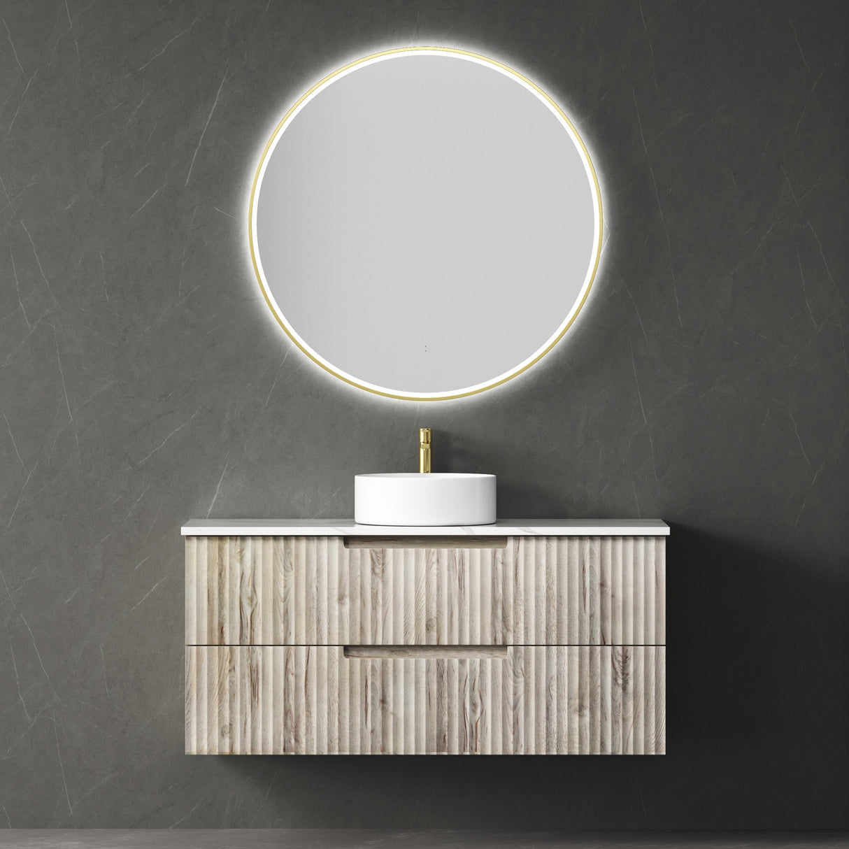 Bathroom vanity with round mirror and light fixture on a dark wall.