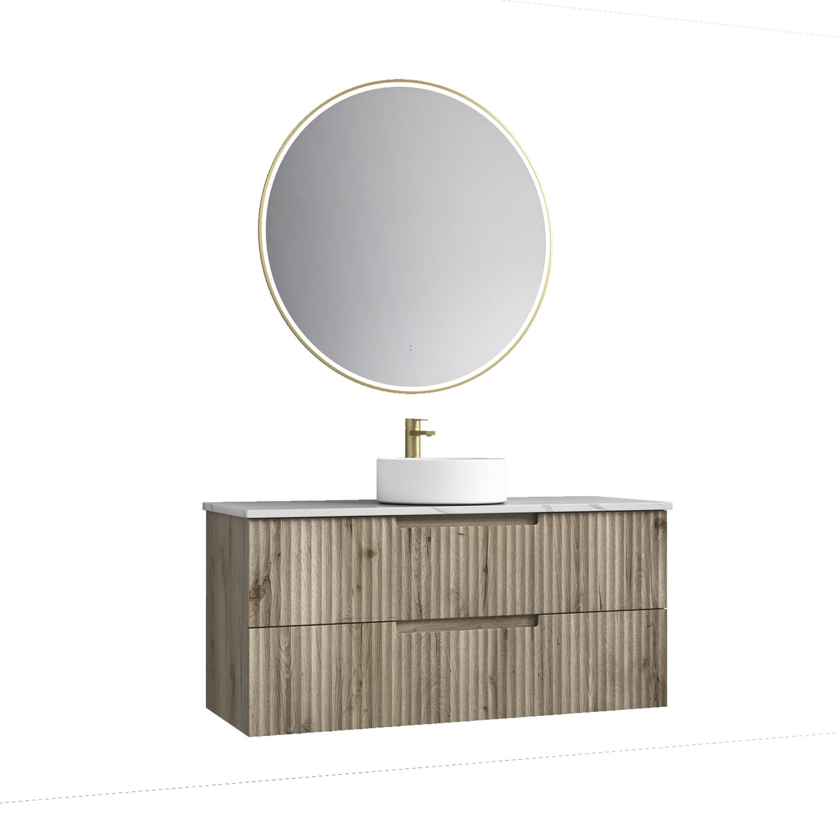 Bathroom vanity with round mirror and sink on a white background