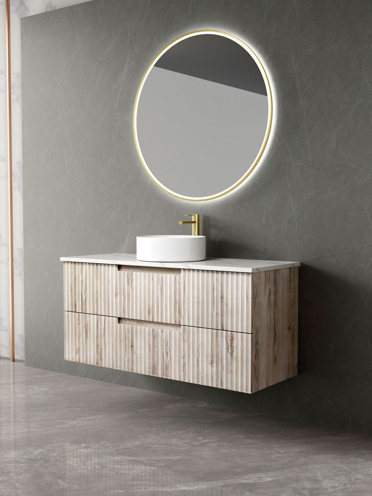 Bathroom vanity with wooden finish, white countertop, and round mirror with lighting on gray wall.