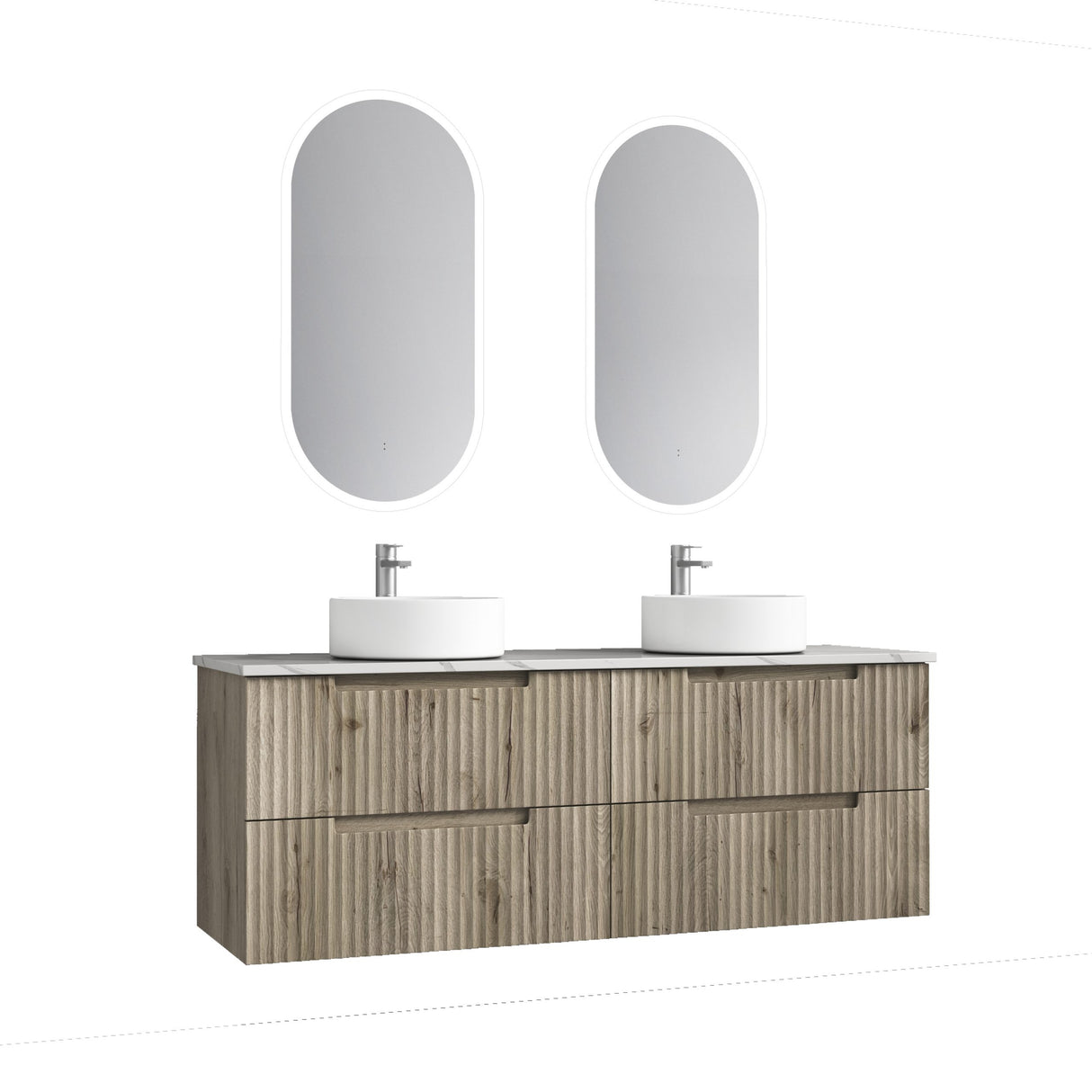 Bathroom vanity with two sinks and mirrors on a white background