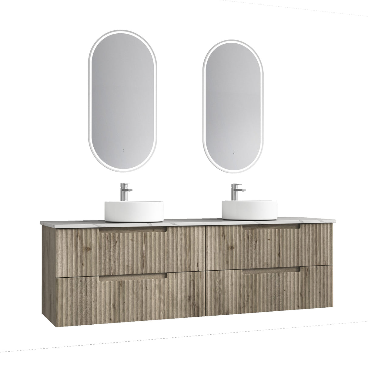 Bathroom vanity with two sinks and mirrors on a white background