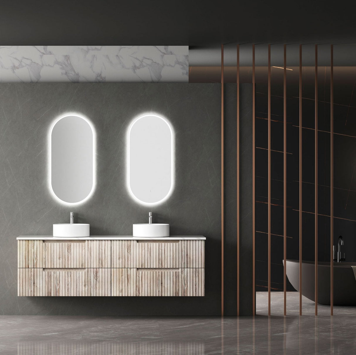 Modern bathroom with wooden vanity, oval mirrors, and a freestanding bathtub.