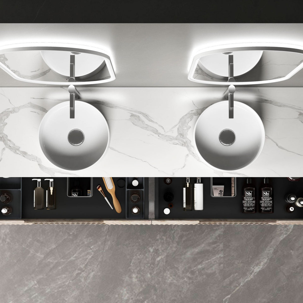 Modern kitchen island with built-in cooktop and storage compartments on a marble countertop.