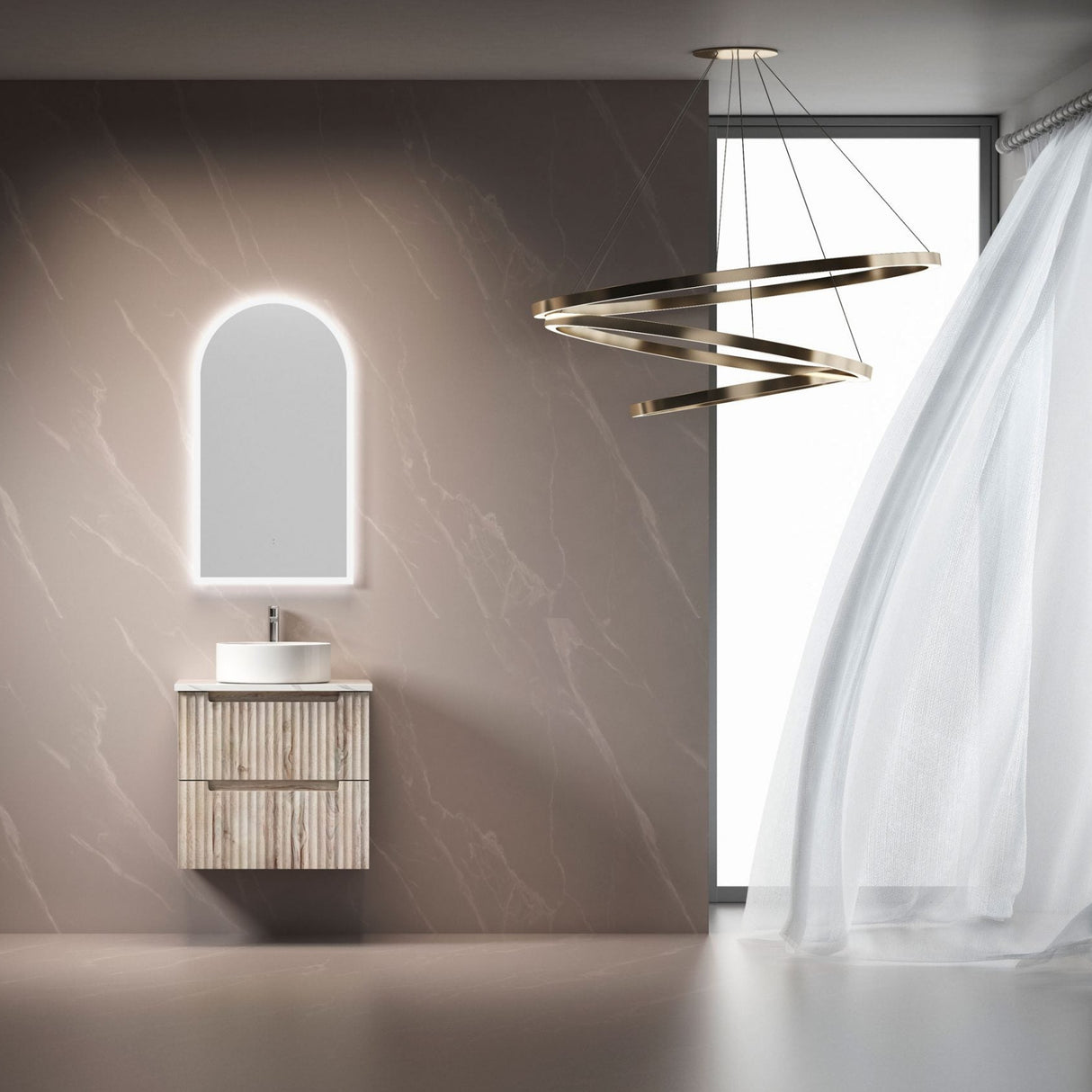 Modern bathroom interior with a vanity, mirror, and hanging light fixture.