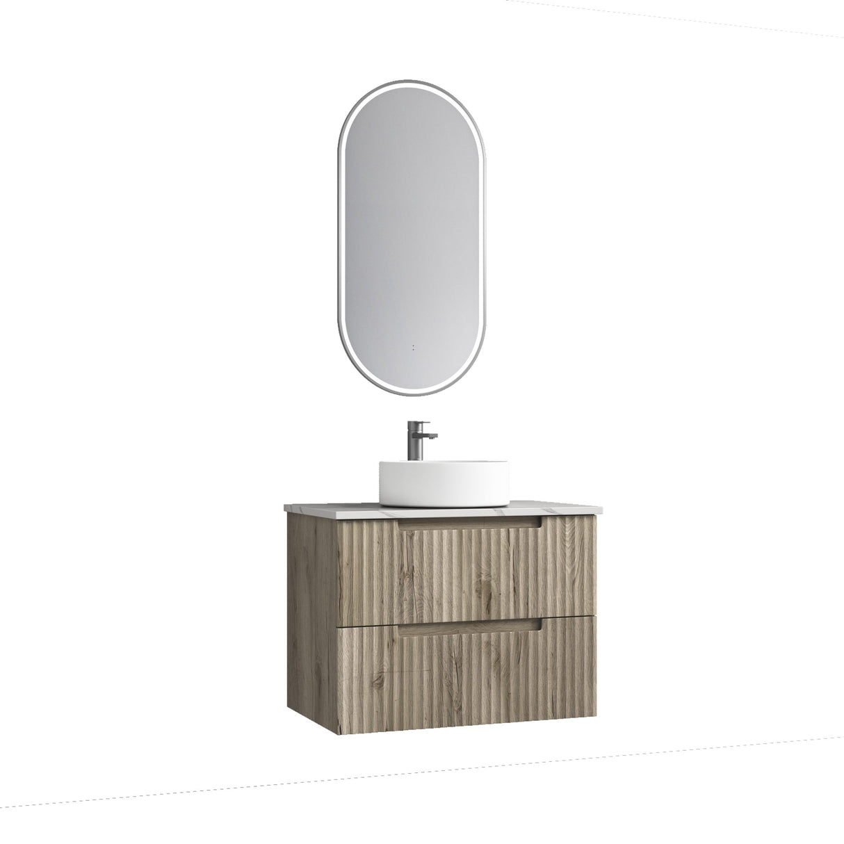 Bathroom vanity with mirror and sink on a white background