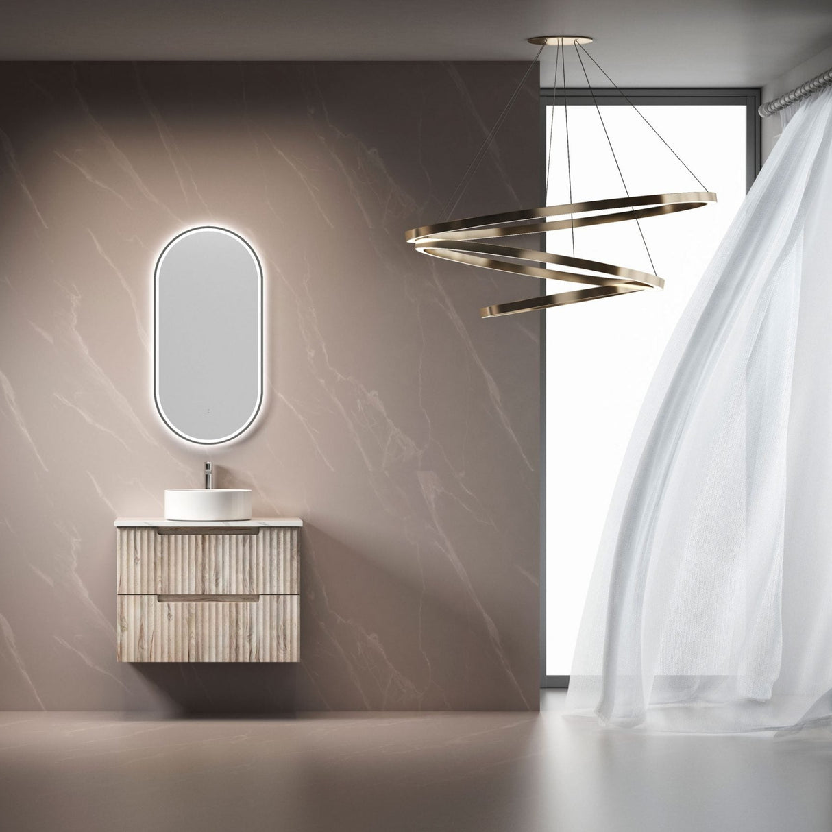 Modern bathroom interior with a vanity, mirror, and chandelier.