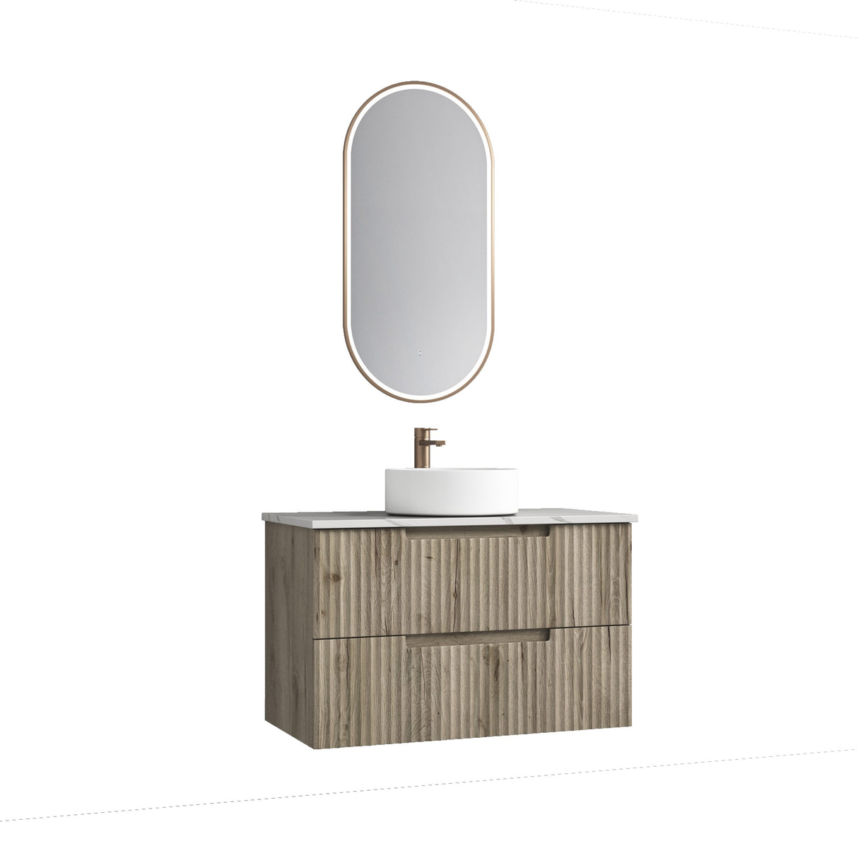 Bathroom vanity with mirror and sink on a white background