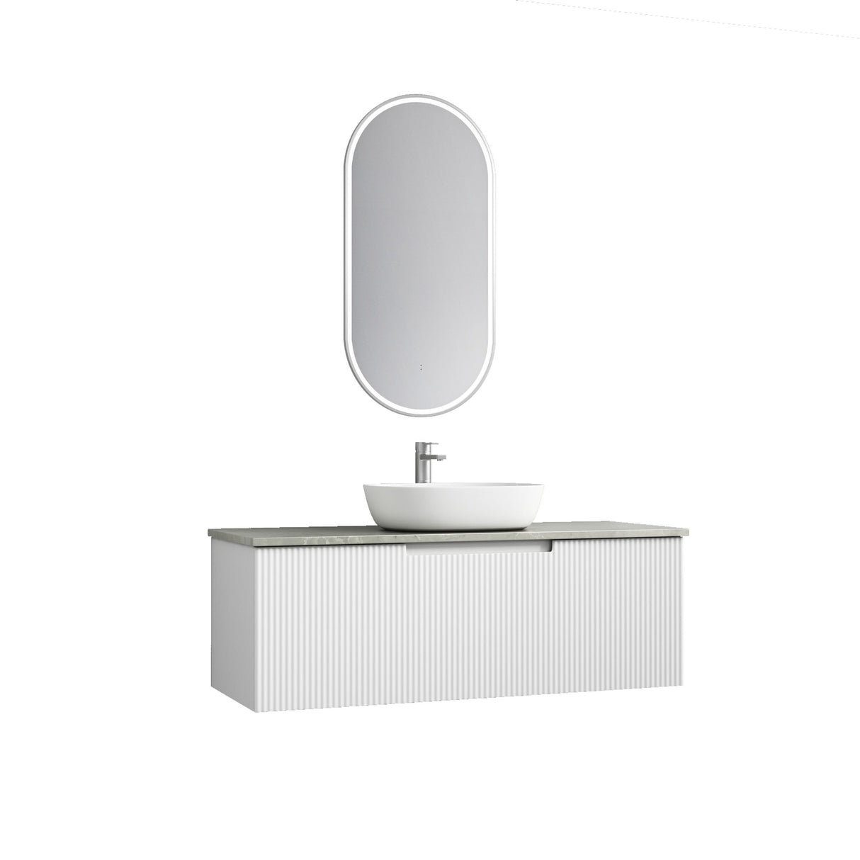 Bathroom vanity with sink and mirror on a white background