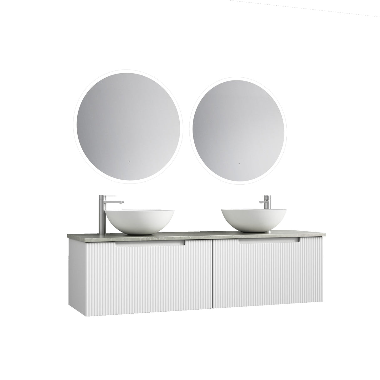 Bathroom vanity with two round mirrors and two white sinks on a white background