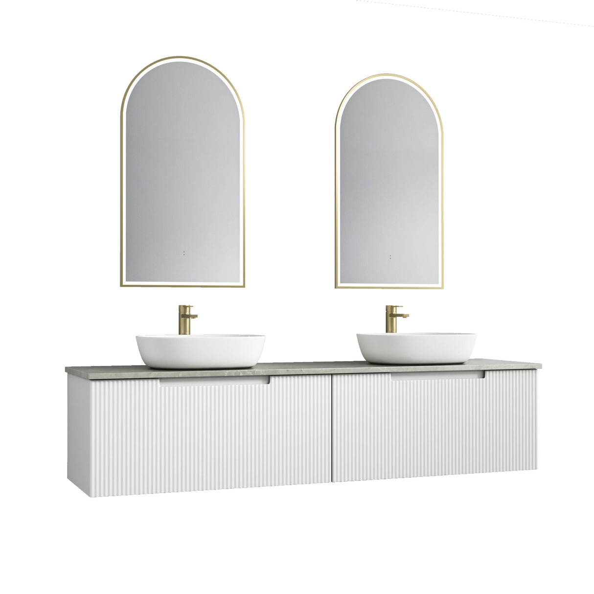 Bathroom vanity with two sinks and mirrors on a white background