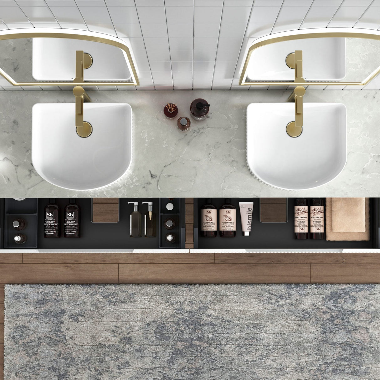 Bathroom vanity with two sinks, mirrors, and various toiletries.