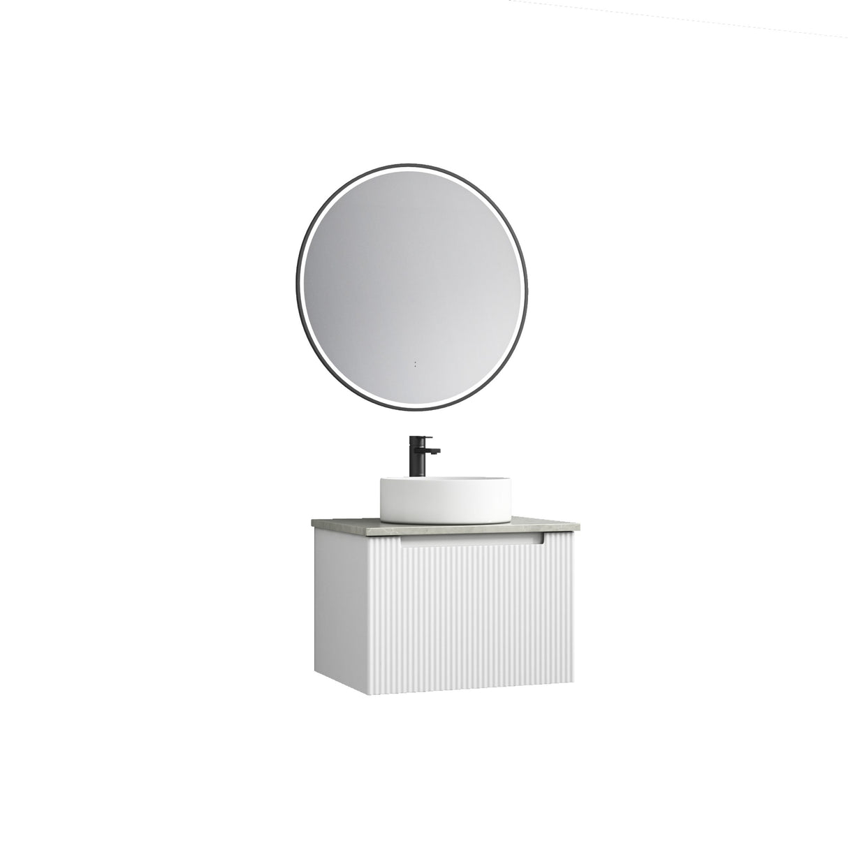 Bathroom vanity with round mirror and sink on a white background