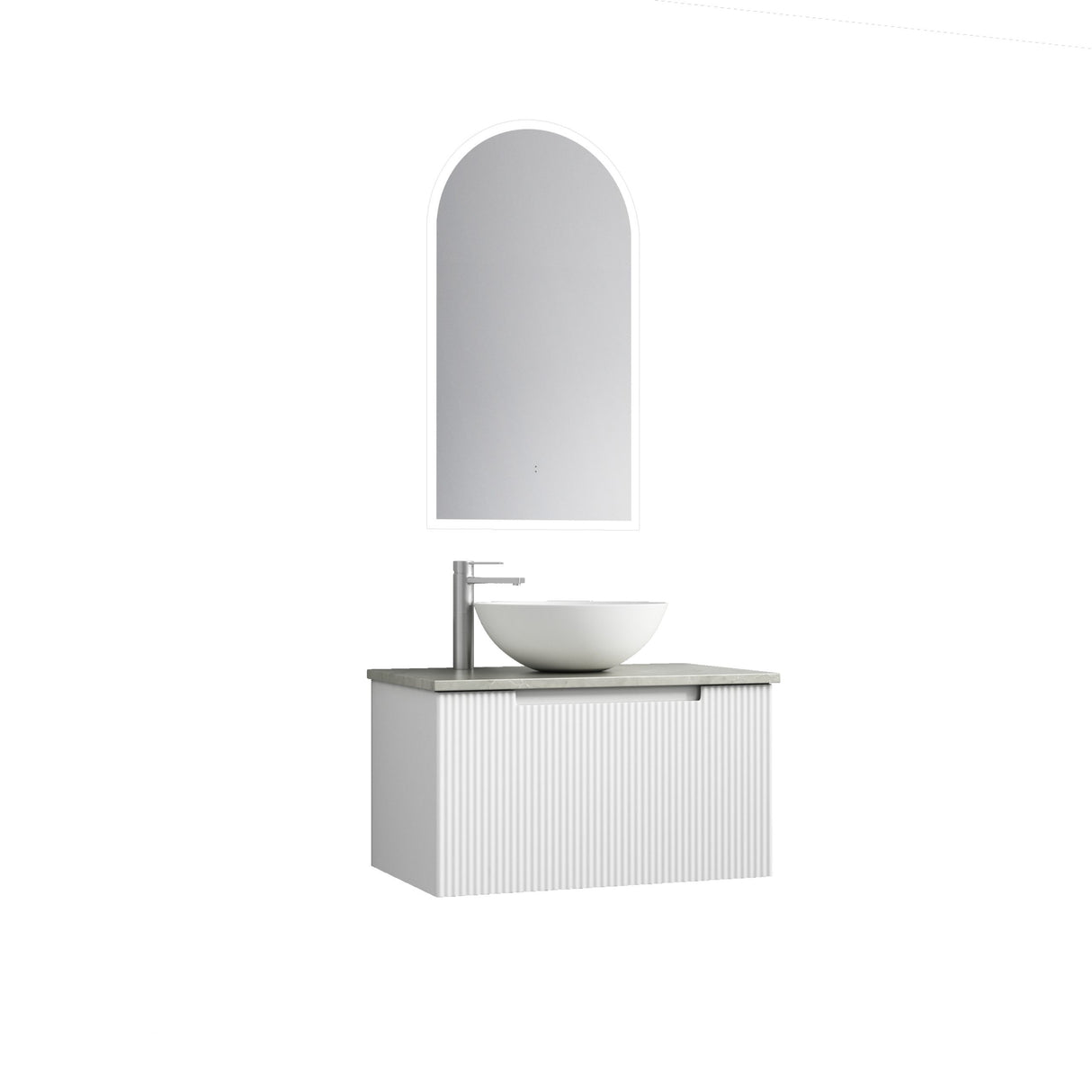 Bathroom vanity with sink and mirror on a white background