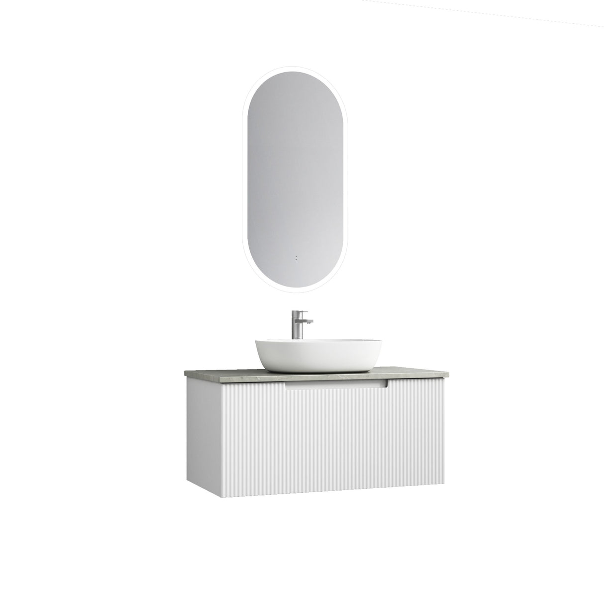 Bathroom vanity with sink and mirror on a white background