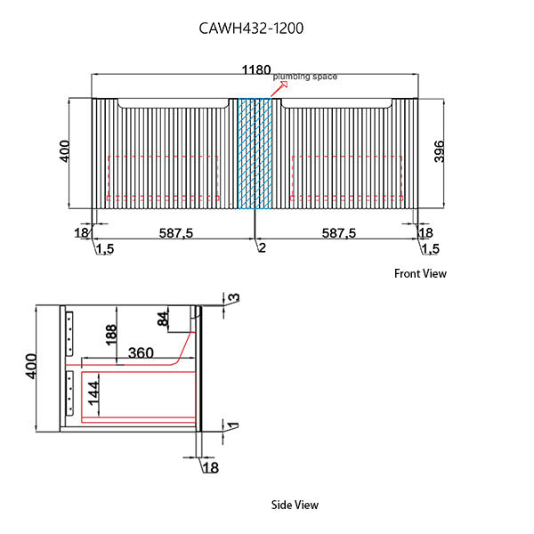 Technical drawing of a radiator with dimensions labeled