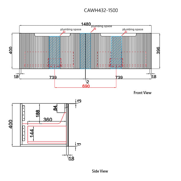 Technical drawing of a heating system with dimensions and labels