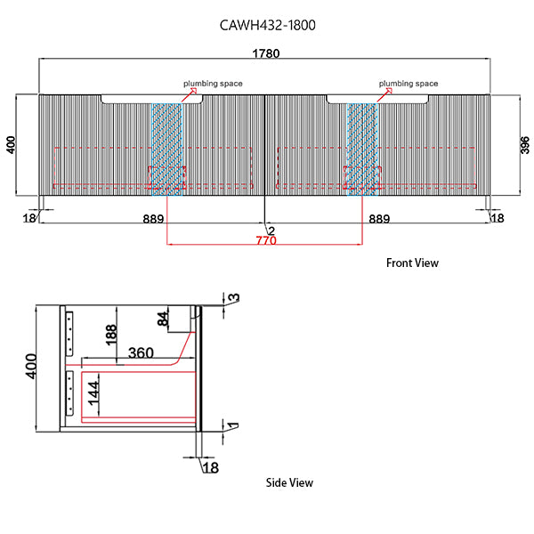 Technical drawing of a rectangular object with dimensions labeled