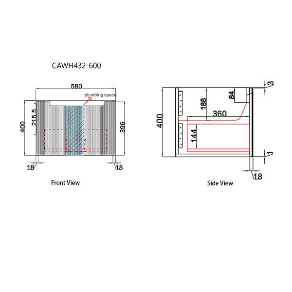 Technical drawings of a heating system component with dimensions labeled.