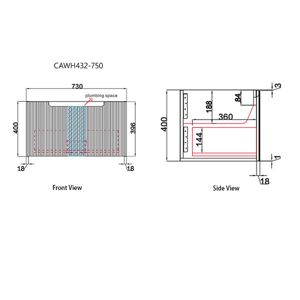 Technical drawing of a heating system component with dimensions labeled