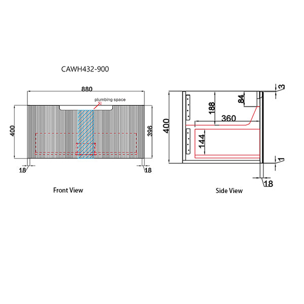 Technical drawing of a heating system with dimensions labeled