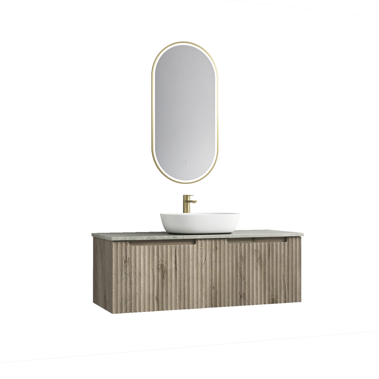 Bathroom vanity with sink, mirror, and faucet on a white background