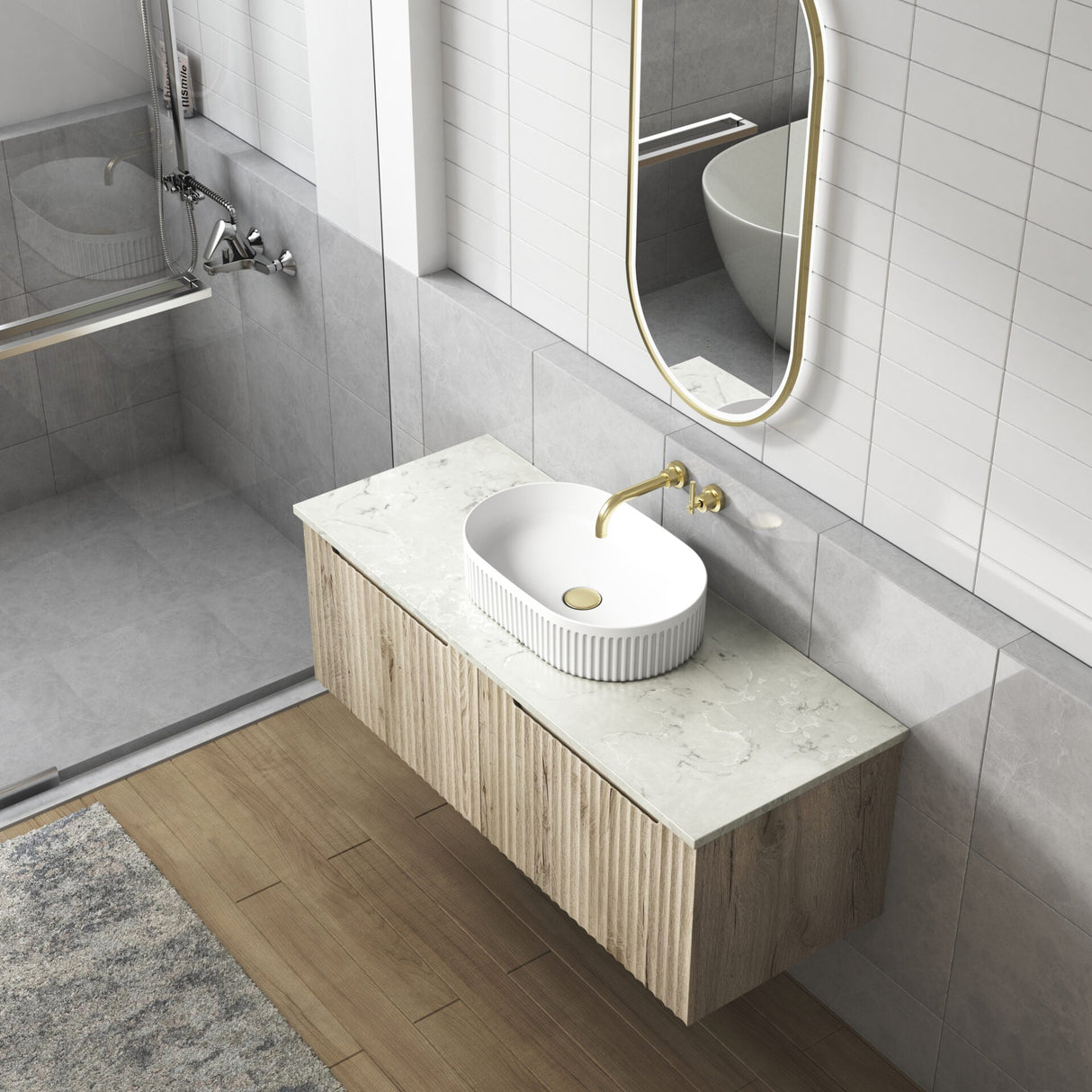 Modern bathroom with a sink, mirror, and shower area.