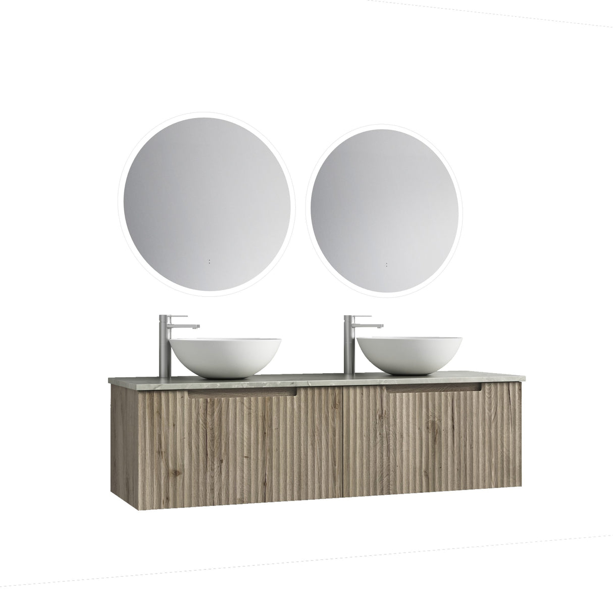Bathroom vanity with two round mirrors and two sinks on a white background