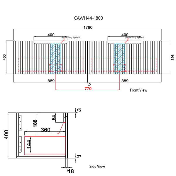 Technical drawing of a rectangular object with dimensions labeled