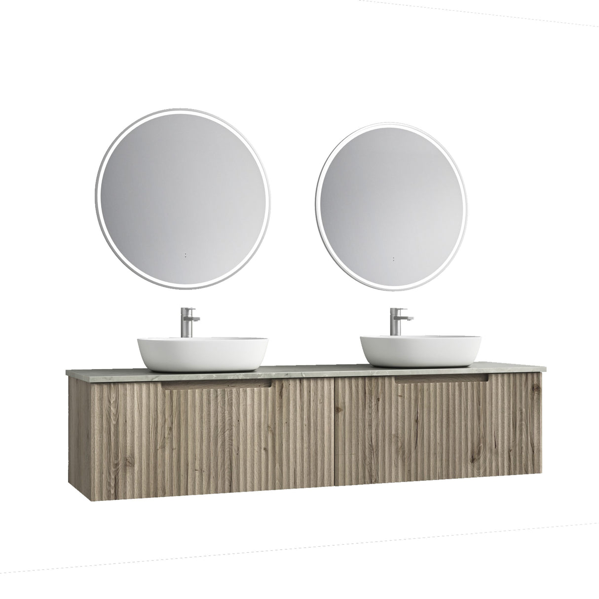 Bathroom vanity with two round mirrors and white sinks on a light wood finish.
