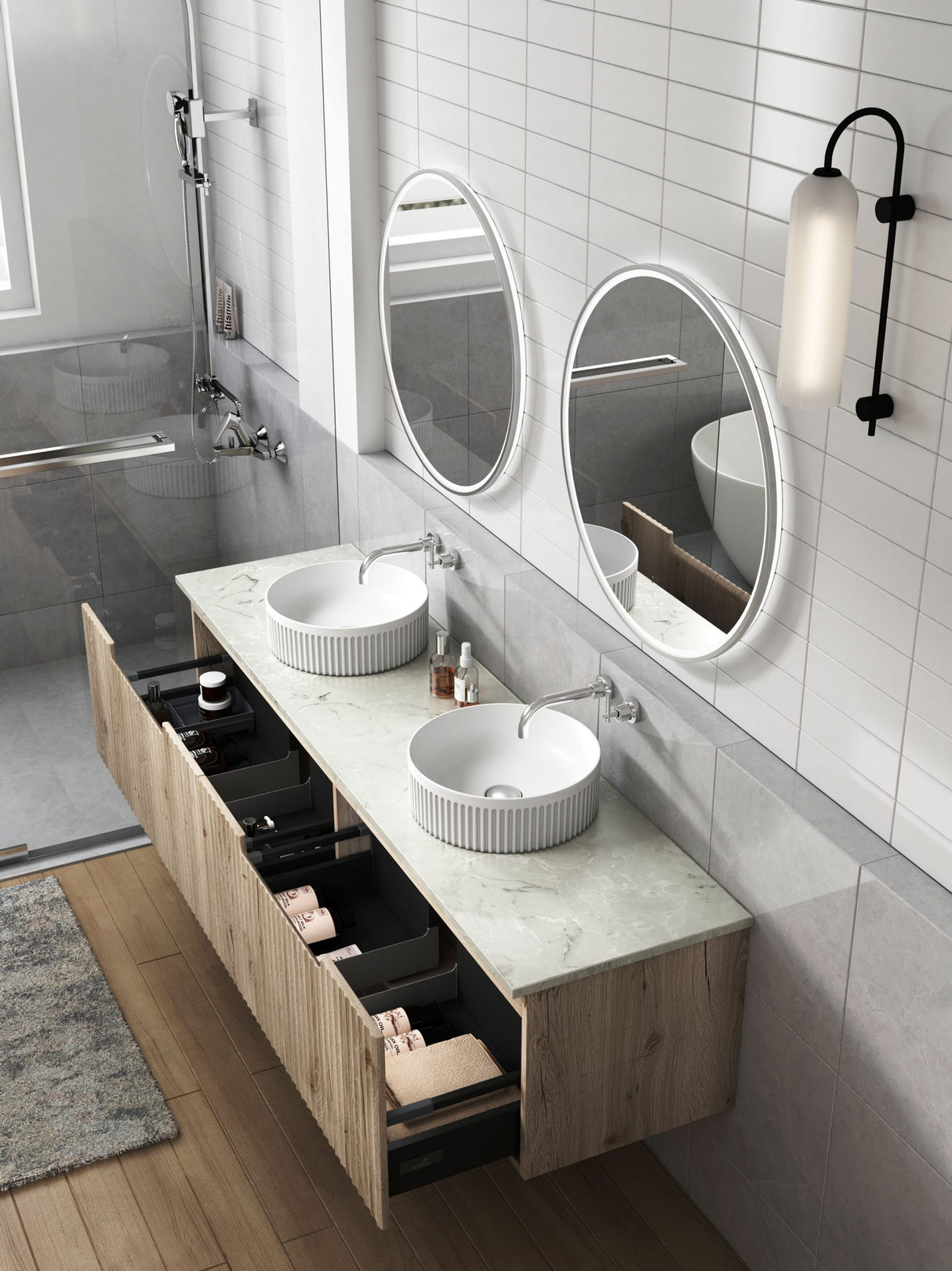 Modern bathroom with double sink vanity, mirrors, and lighting fixture.