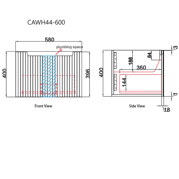 Technical drawing of a heating system component with dimensions labeled