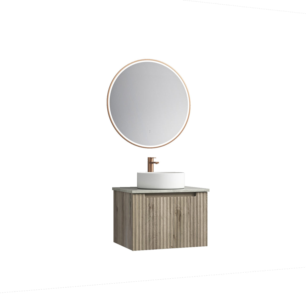 Bathroom vanity with round mirror and sink on a white background