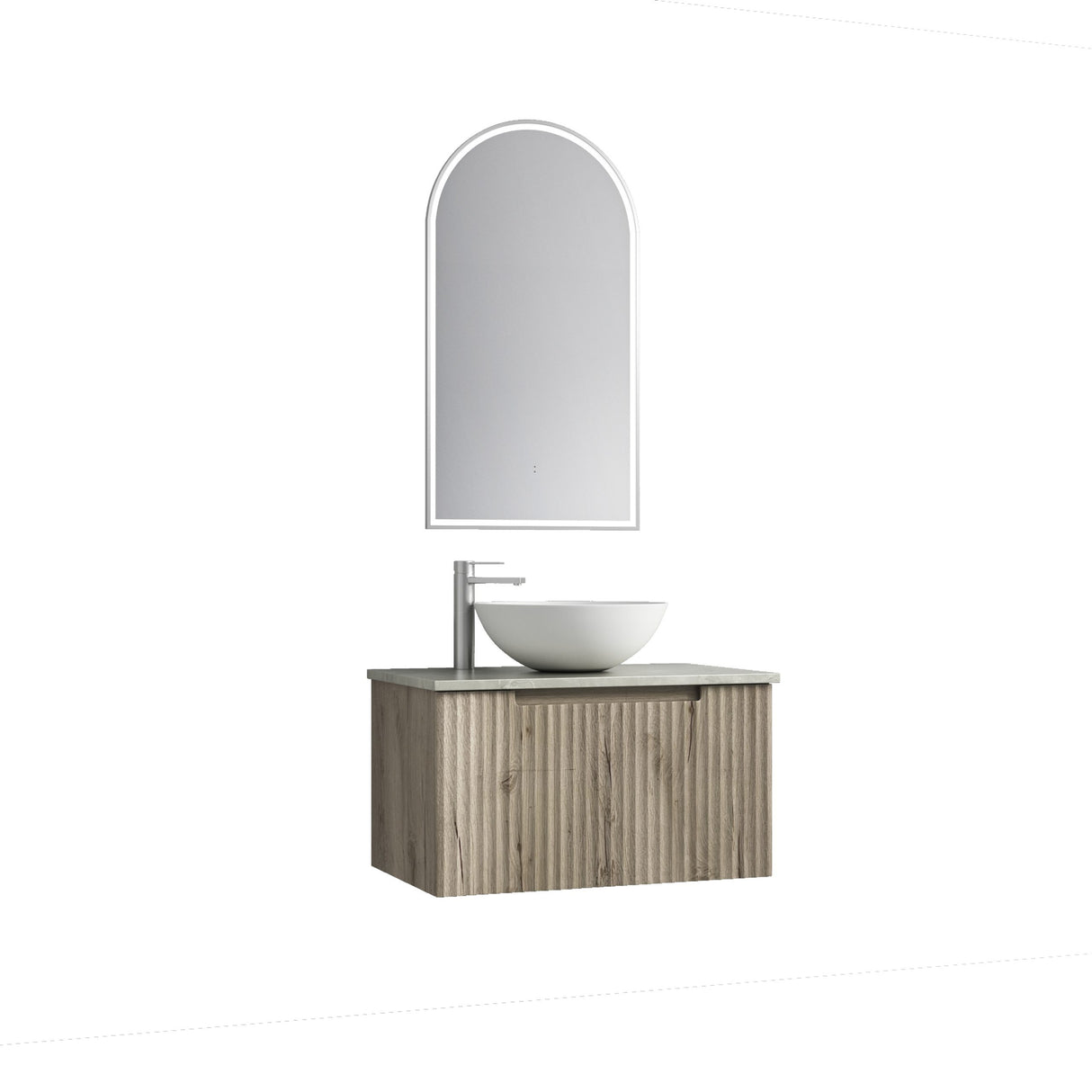 Bathroom vanity with sink and mirror on a white background
