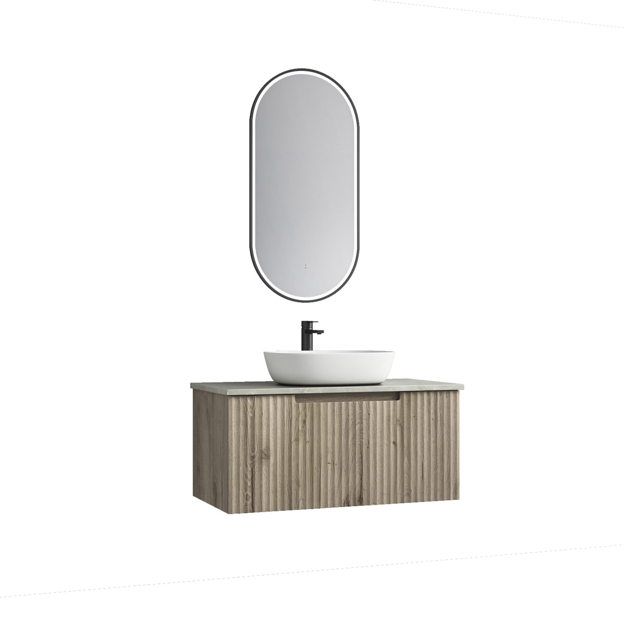 Bathroom vanity with sink and mirror on a white background