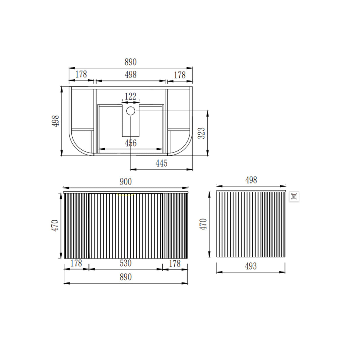 Technical drawing of a bathroom vanity with dimensions