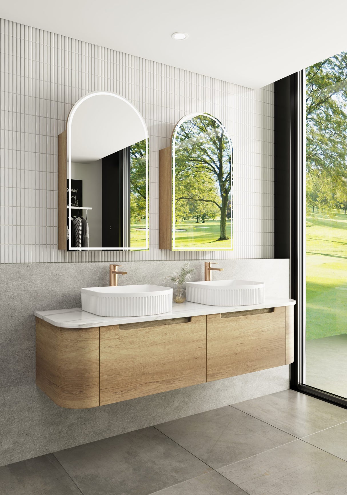 Modern bathroom with wooden vanity, white sinks, and large windows.