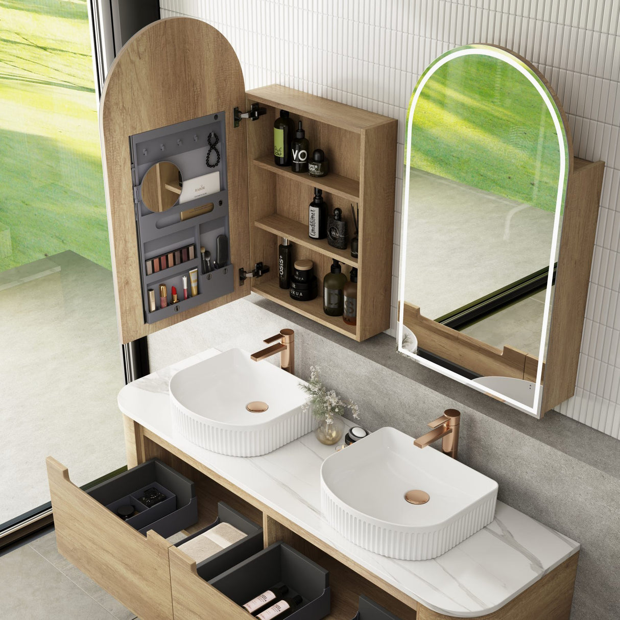 Bathroom vanity with double sink, mirror, and open cabinet displaying toiletries.