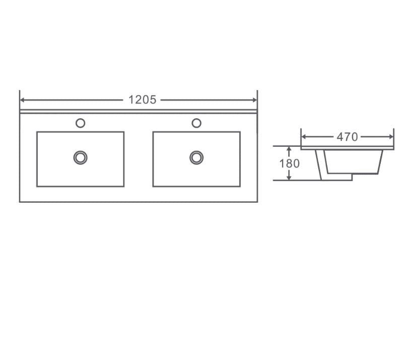 Mercio Ceramic Basin Top - Double Bowl 1200mm drawing details