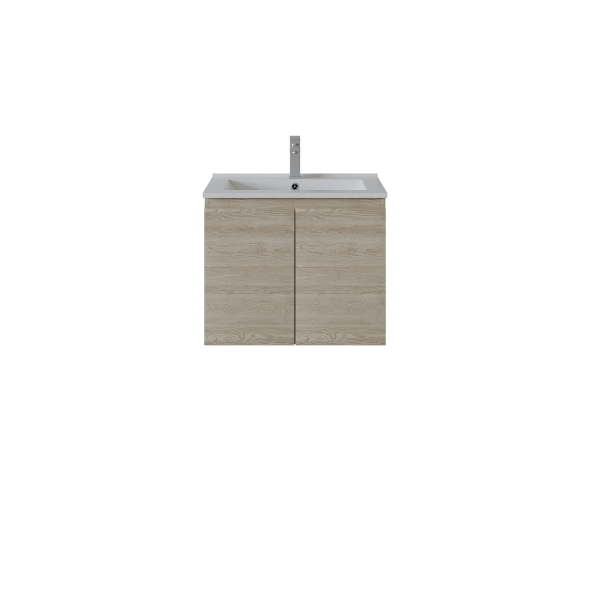 A modern wall-mounted bathroom vanity with a light oak wood grain cabinet, a white integrated sink basin, and a tall chrome faucet, shown against a plain white background.