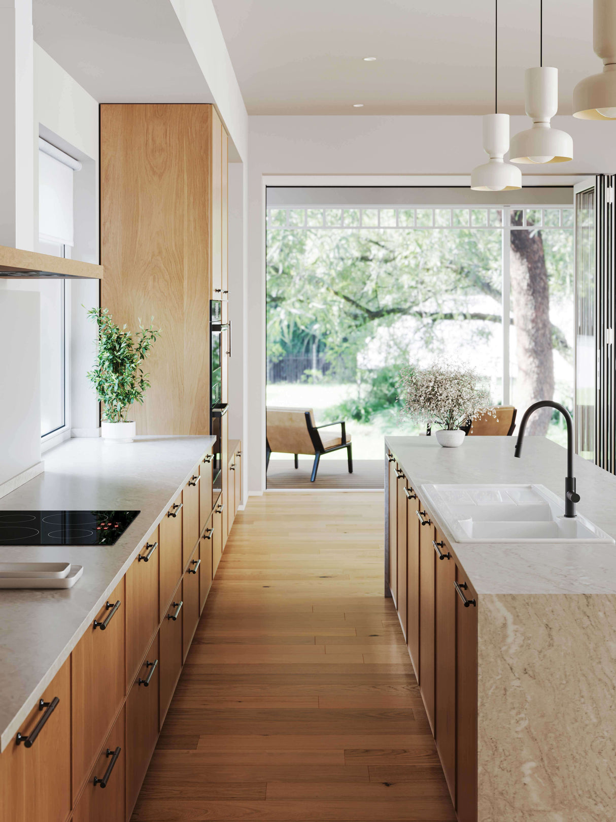 Kitchen with Cuisine 116 x 50 Inset Fine Fireclay White Sink - Double Bowl and Drainer