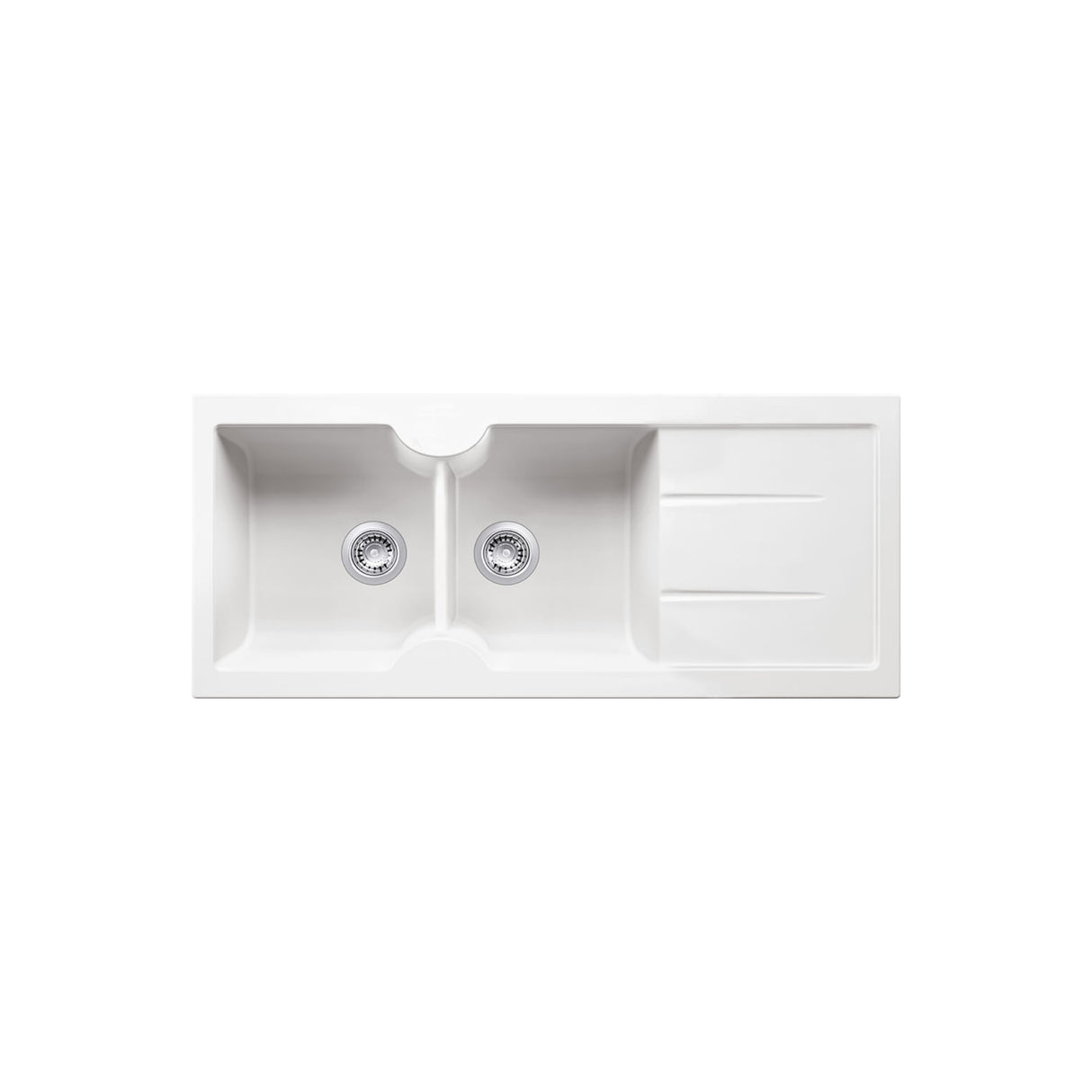 Cuisine 116 x 50 Inset Fine Fireclay White Sink - Double Bowl and Drainer top view