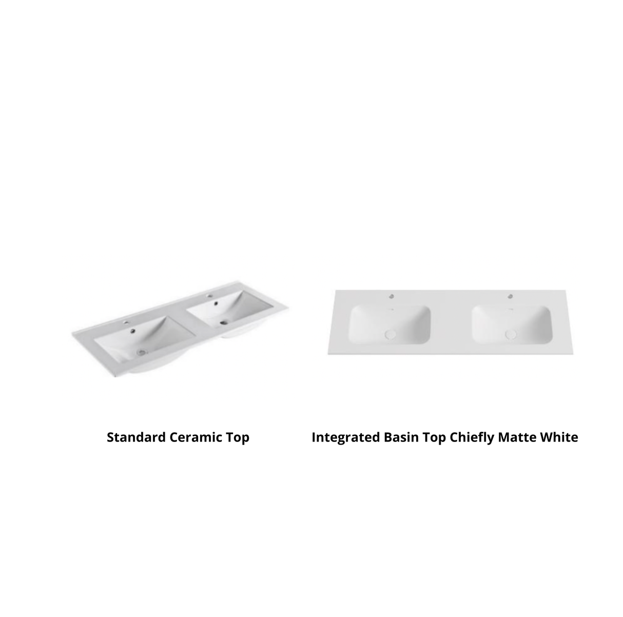 Two white ceramic sinks on a white background with text labels.