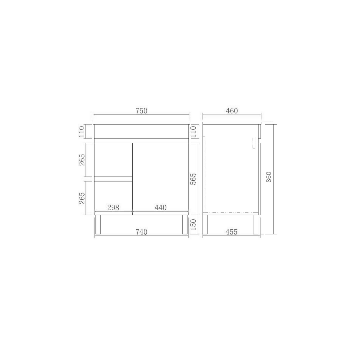 EVIE 750mm Dark Brown PVC Floor Vanity left drawer drawing details