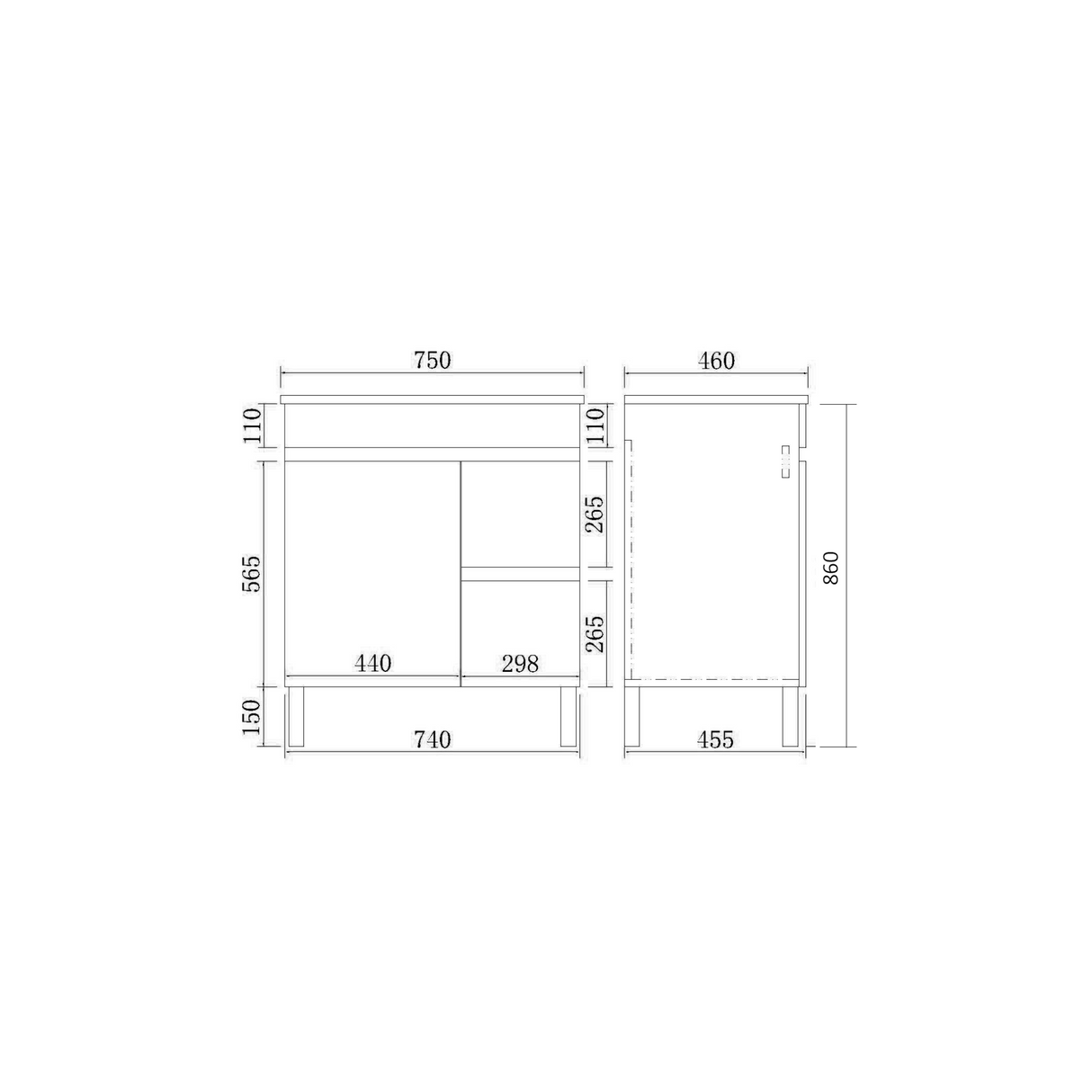 EVIE 750mm Dark Brown PVC Floor Vanity right drawer drawing details